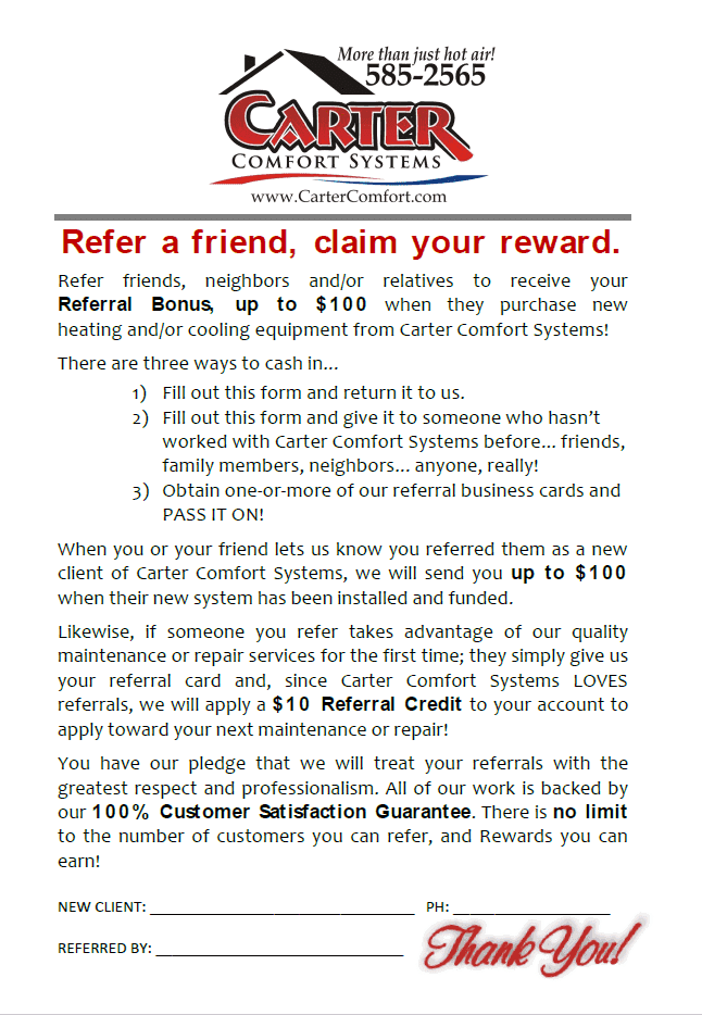 Carter Comfort Systems refer a friend program information